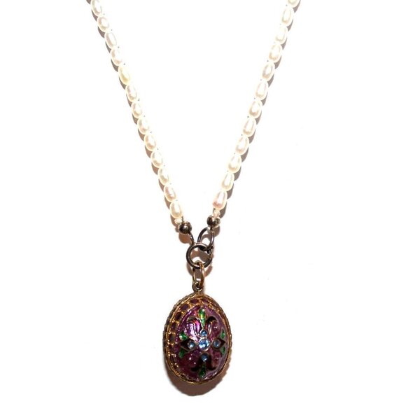 16" Vintage Purple Enamel Crystal Russian Egg Pendant Fresh Water Pearl Necklace - Picture 1 of 4